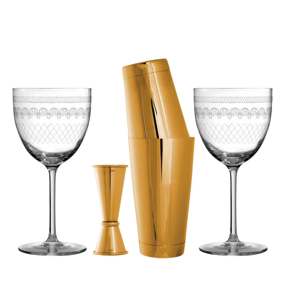Goldenes Barzubehör- und Nick-&-Nora-Gläser-Set