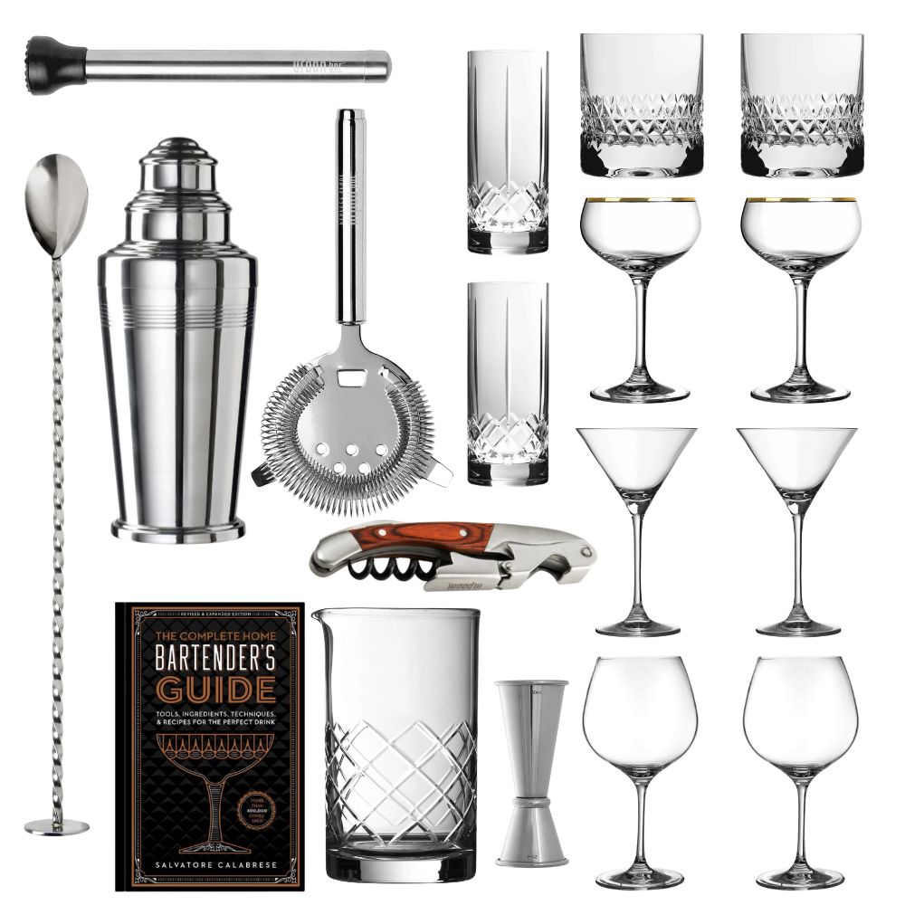 Kit de coctelería de 18 piezas y vasos