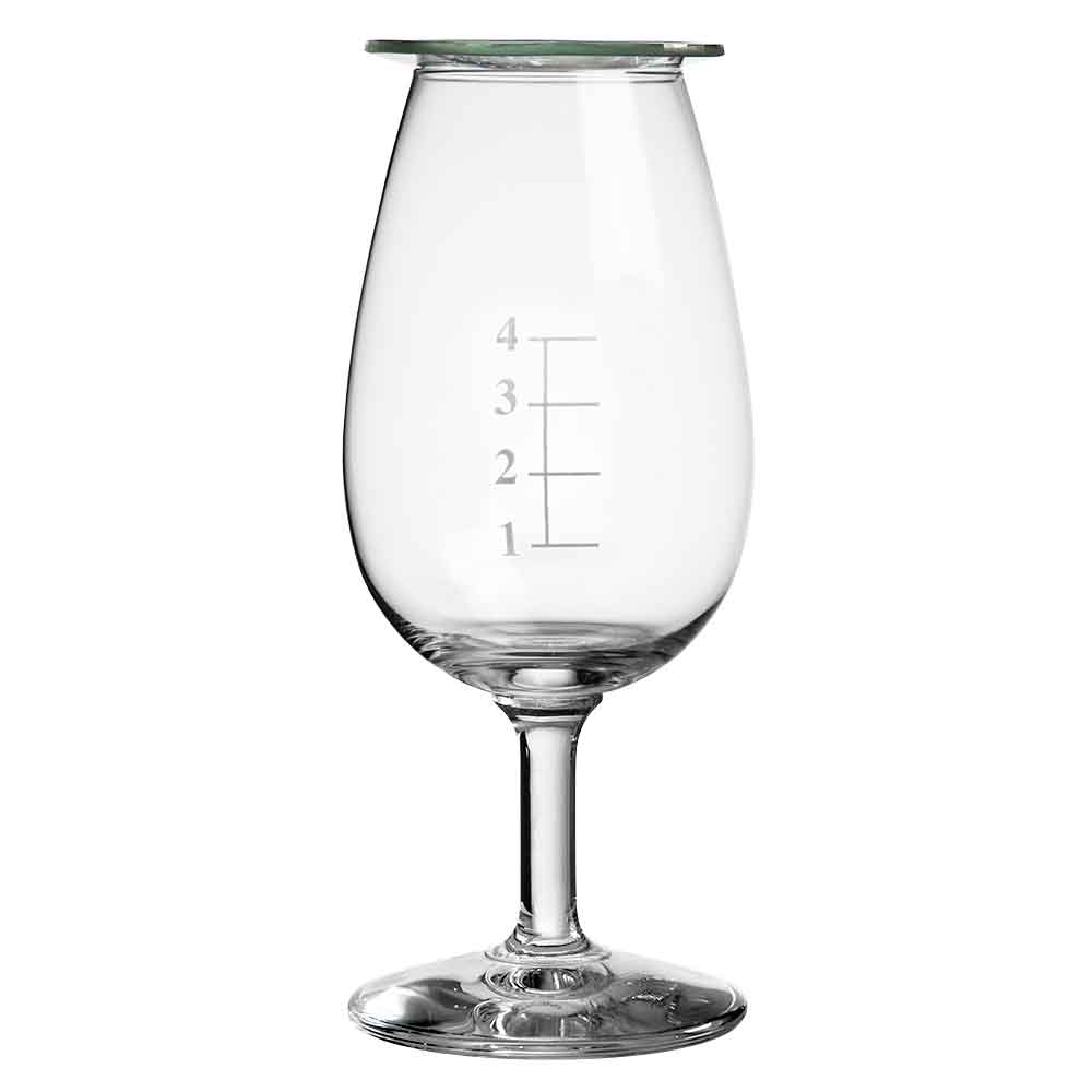 Vaso de degustación de whisky de destilería con líneas de calibre y tapa de cristal de reloj de 14 cl